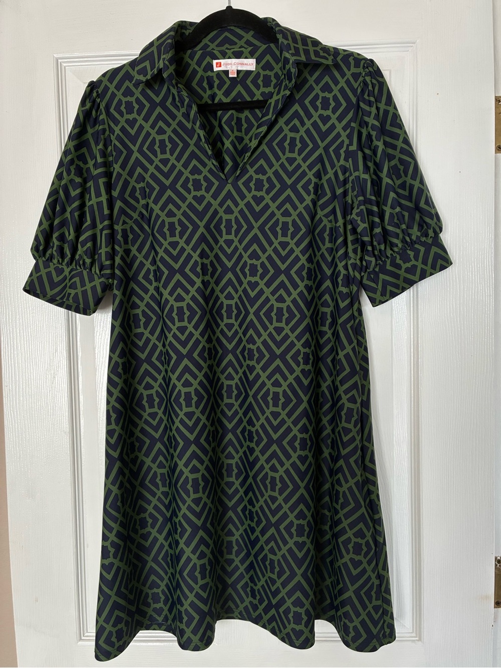 Emerson Jude Cloth Knit Garden Lattice Navy Green Geometric Print Shift Dress